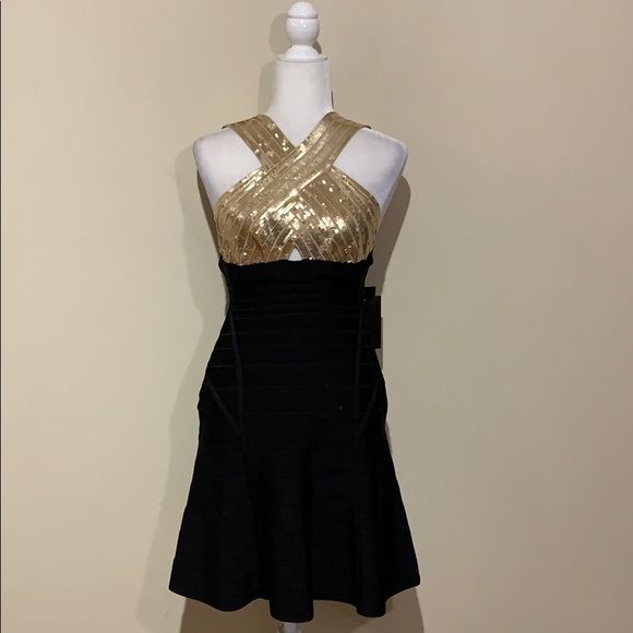 NWT Herve Leger “Amalli” Gold Black Bandage Dress - Picture 2 of 8
